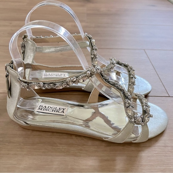 Badgley Mischka Metallic Silver Jeweled Flat Leather Carey Sandal - Picture 3 of 16